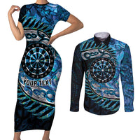 New Zealand Darts Personalised Couples Matching Short Sleeve Bodycon Dress and Long Sleeve Button Shirt Aotearoa Silver Fern Blue Papua Shell Spirit