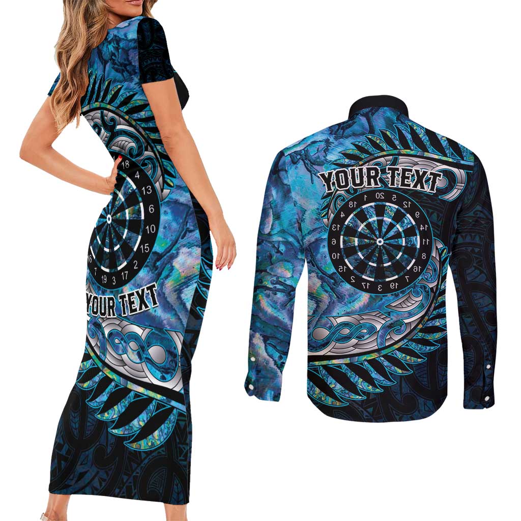 New Zealand Darts Personalised Couples Matching Short Sleeve Bodycon Dress and Long Sleeve Button Shirt Aotearoa Silver Fern Blue Papua Shell Spirit