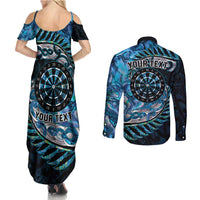New Zealand Darts Personalised Couples Matching Summer Maxi Dress and Long Sleeve Button Shirt Aotearoa Silver Fern Blue Papua Shell Spirit