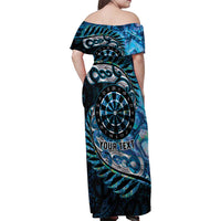 New Zealand Darts Personalised Family Matching Off Shoulder Maxi Dress and Hawaiian Shirt Aotearoa Silver Fern Blue Papua Shell Spirit