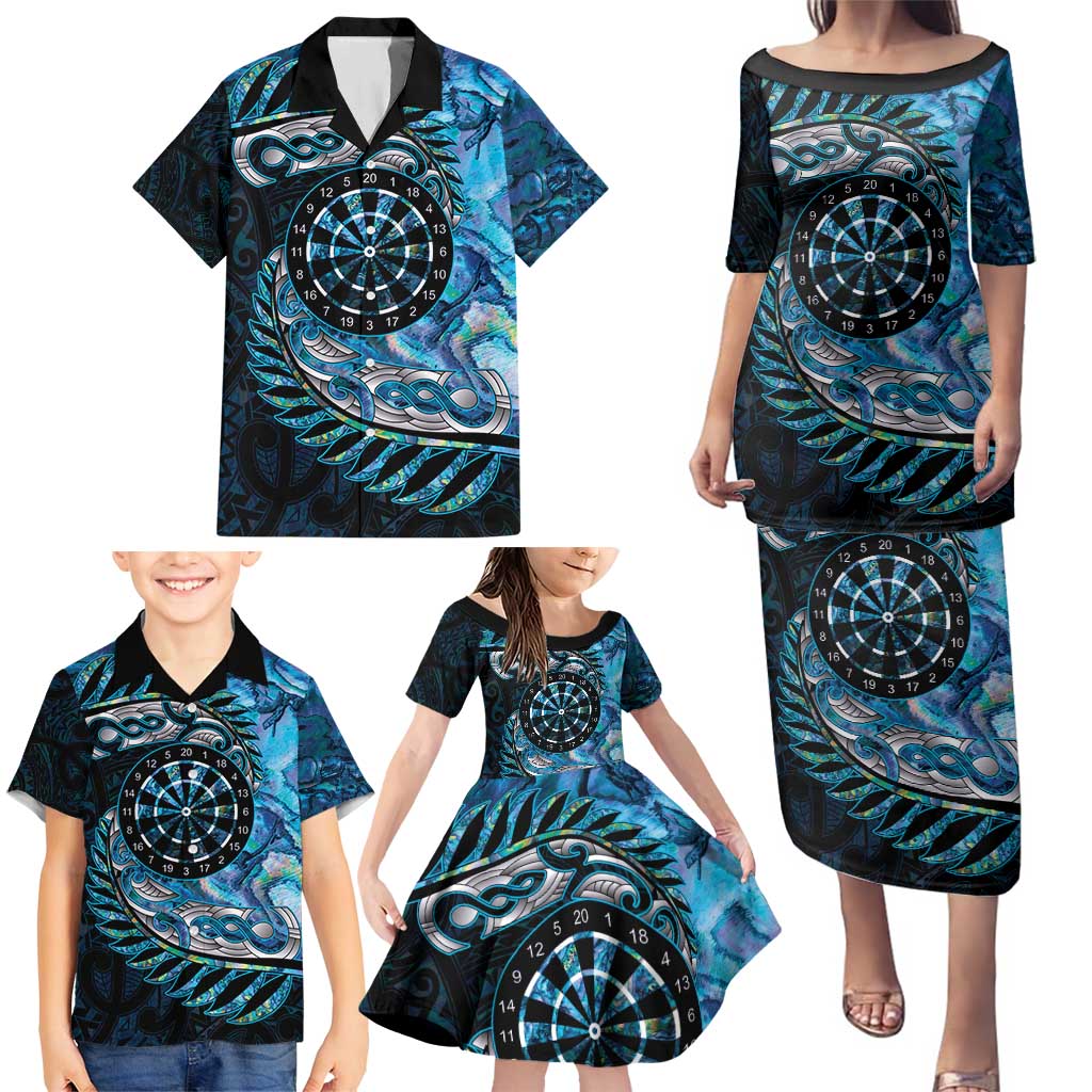 New Zealand Darts Personalised Family Matching Puletasi and Hawaiian Shirt Aotearoa Silver Fern Blue Papua Shell Spirit
