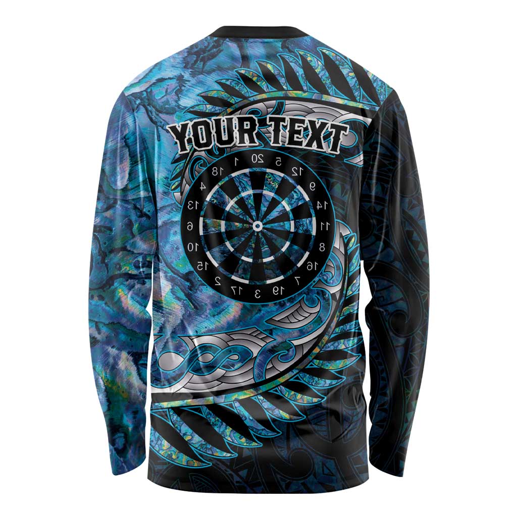 New Zealand Darts Personalised Long Sleeve Shirt Aotearoa Silver Fern Blue Papua Shell Spirit