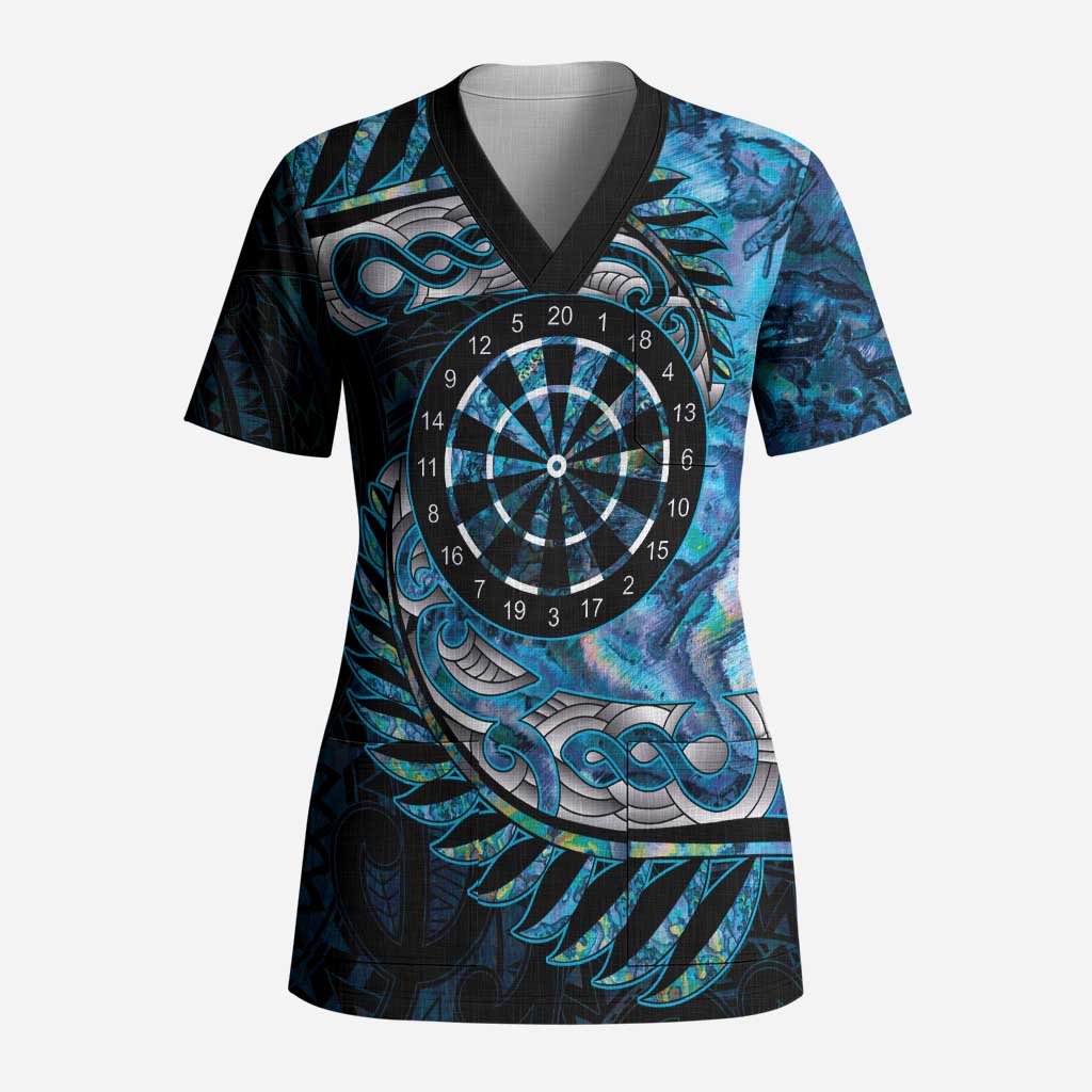 New Zealand Darts Personalised Scrub Top Aotearoa Silver Fern Blue Papua Shell Spirit - Polynesian Pride