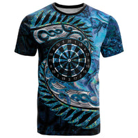 New Zealand Darts Personalised T Shirt Aotearoa Silver Fern Blue Papua Shell Spirit