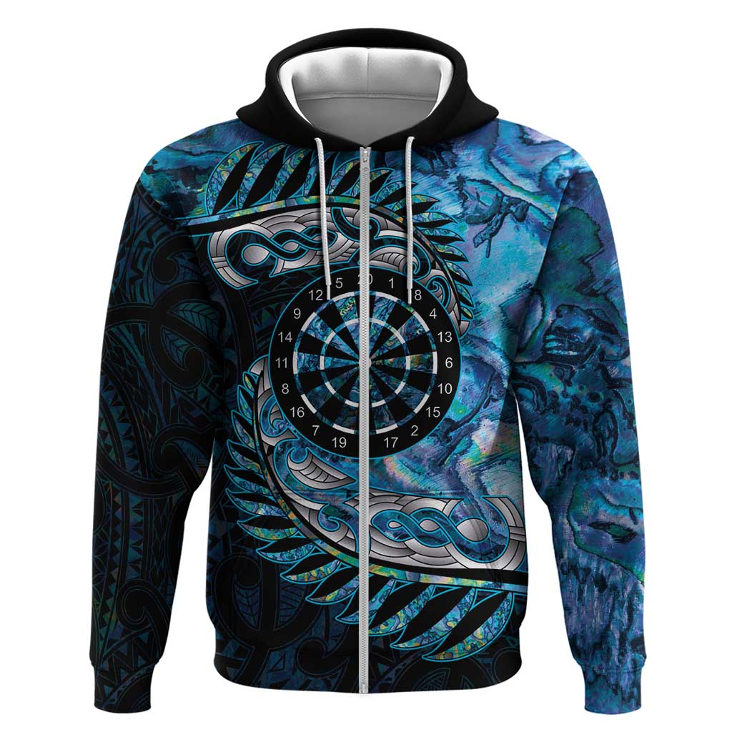 New Zealand Darts Personalised Zip Hoodie Aotearoa Silver Fern Blue Papua Shell Spirit