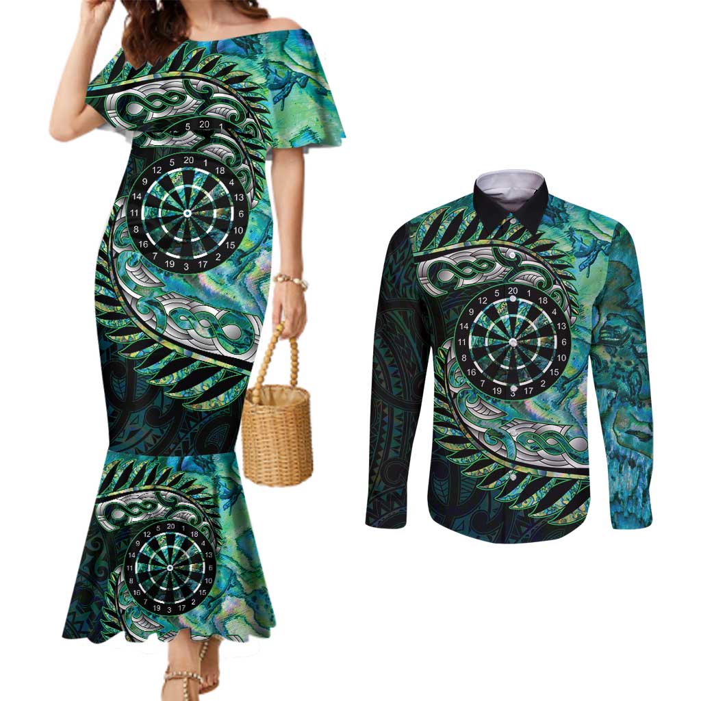 New Zealand Darts Personalised Couples Matching Mermaid Dress and Long Sleeve Button Shirt Aotearoa Silver Fern Green Papua Shell Spirit