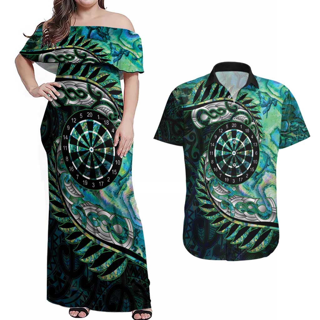 New Zealand Darts Personalised Couples Matching Off Shoulder Maxi Dress and Hawaiian Shirt Aotearoa Silver Fern Green Papua Shell Spirit