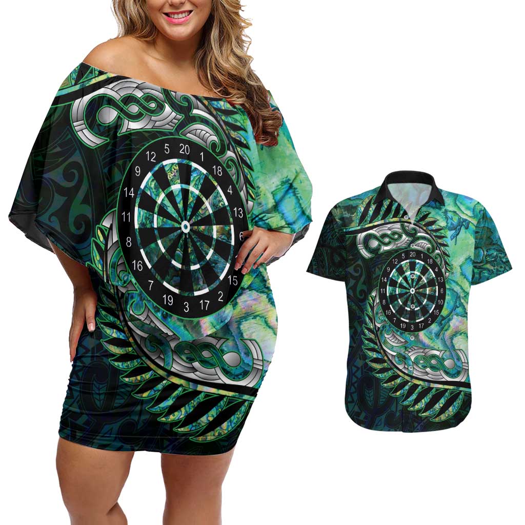 New Zealand Darts Personalised Couples Matching Off Shoulder Short Dress and Hawaiian Shirt Aotearoa Silver Fern Green Papua Shell Spirit