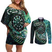 New Zealand Darts Personalised Couples Matching Off Shoulder Short Dress and Long Sleeve Button Shirt Aotearoa Silver Fern Green Papua Shell Spirit