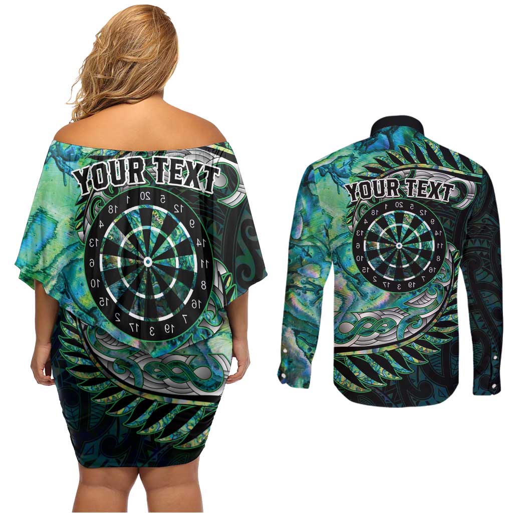 New Zealand Darts Personalised Couples Matching Off Shoulder Short Dress and Long Sleeve Button Shirt Aotearoa Silver Fern Green Papua Shell Spirit