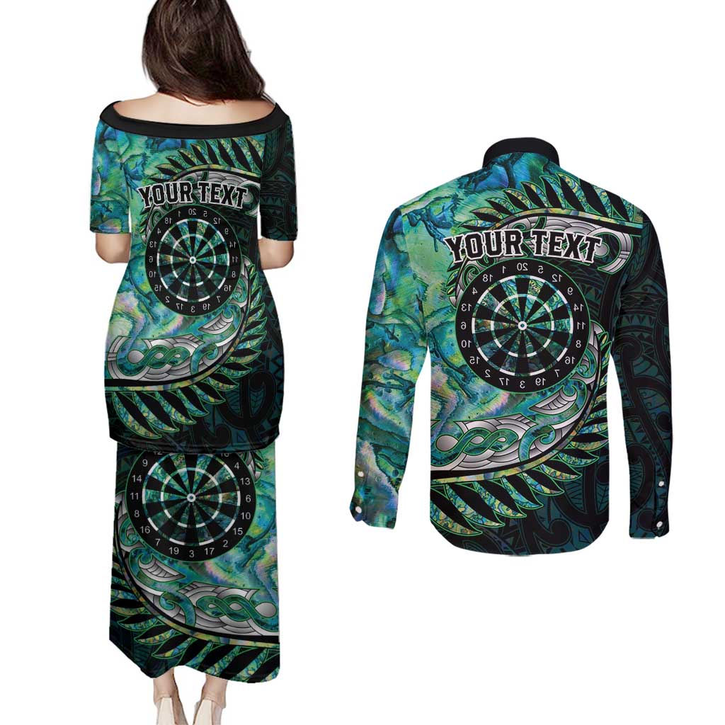 New Zealand Darts Personalised Couples Matching Puletasi and Long Sleeve Button Shirt Aotearoa Silver Fern Green Papua Shell Spirit
