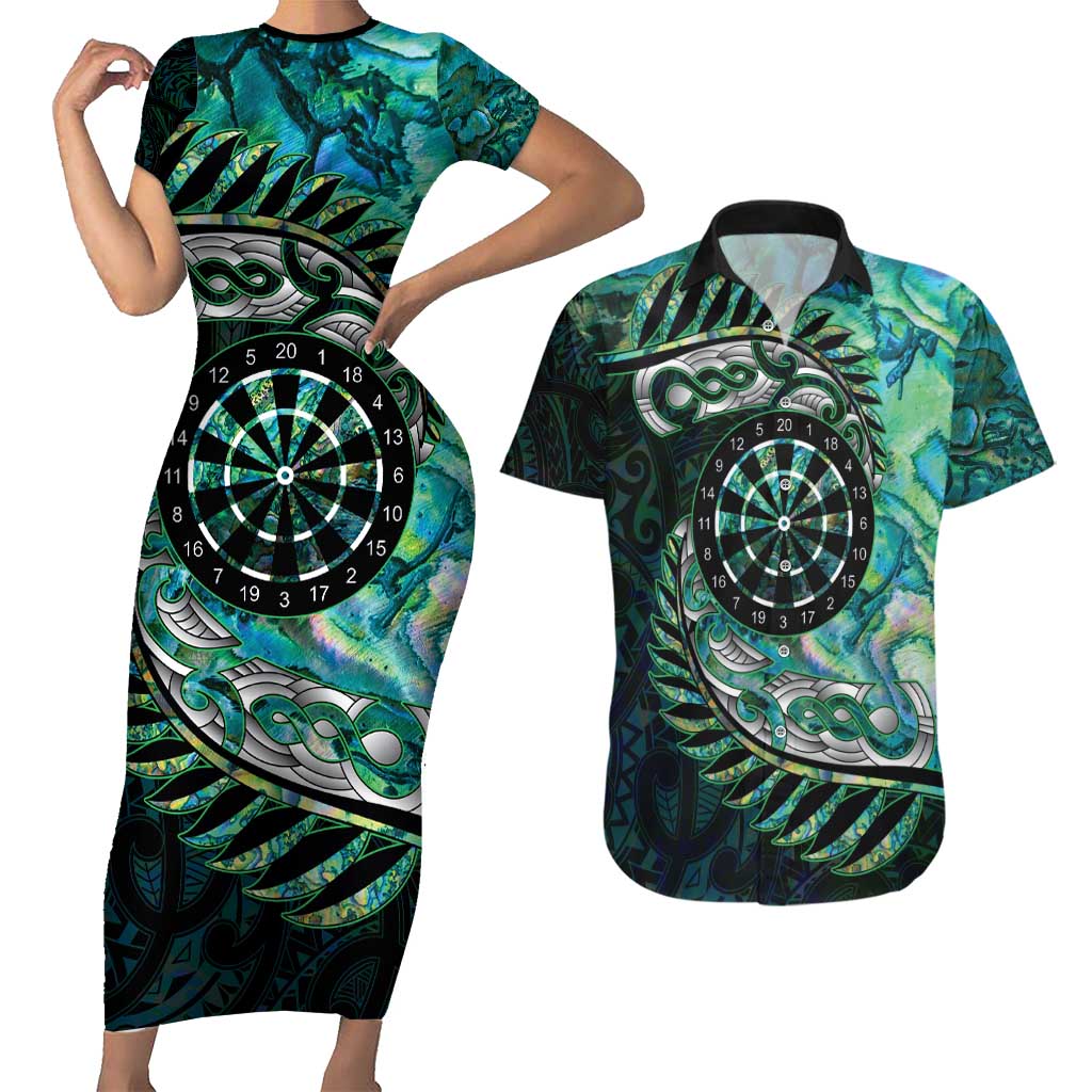 New Zealand Darts Personalised Couples Matching Short Sleeve Bodycon Dress and Hawaiian Shirt Aotearoa Silver Fern Green Papua Shell Spirit