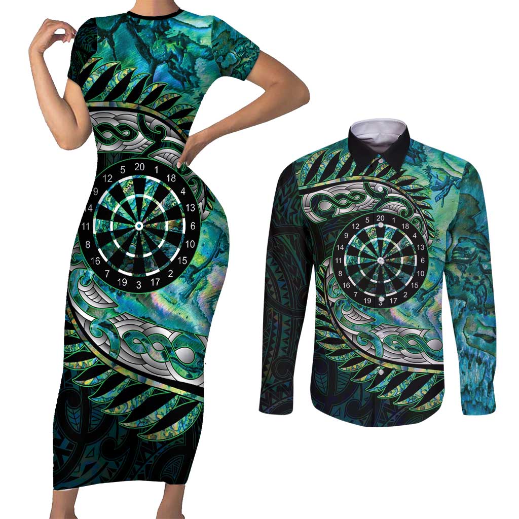 New Zealand Darts Personalised Couples Matching Short Sleeve Bodycon Dress and Long Sleeve Button Shirt Aotearoa Silver Fern Green Papua Shell Spirit