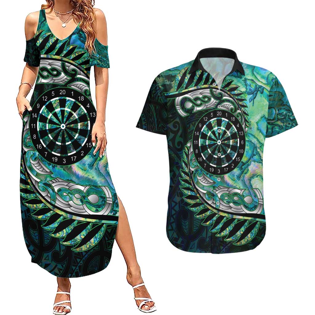 New Zealand Darts Personalised Couples Matching Summer Maxi Dress and Hawaiian Shirt Aotearoa Silver Fern Green Papua Shell Spirit