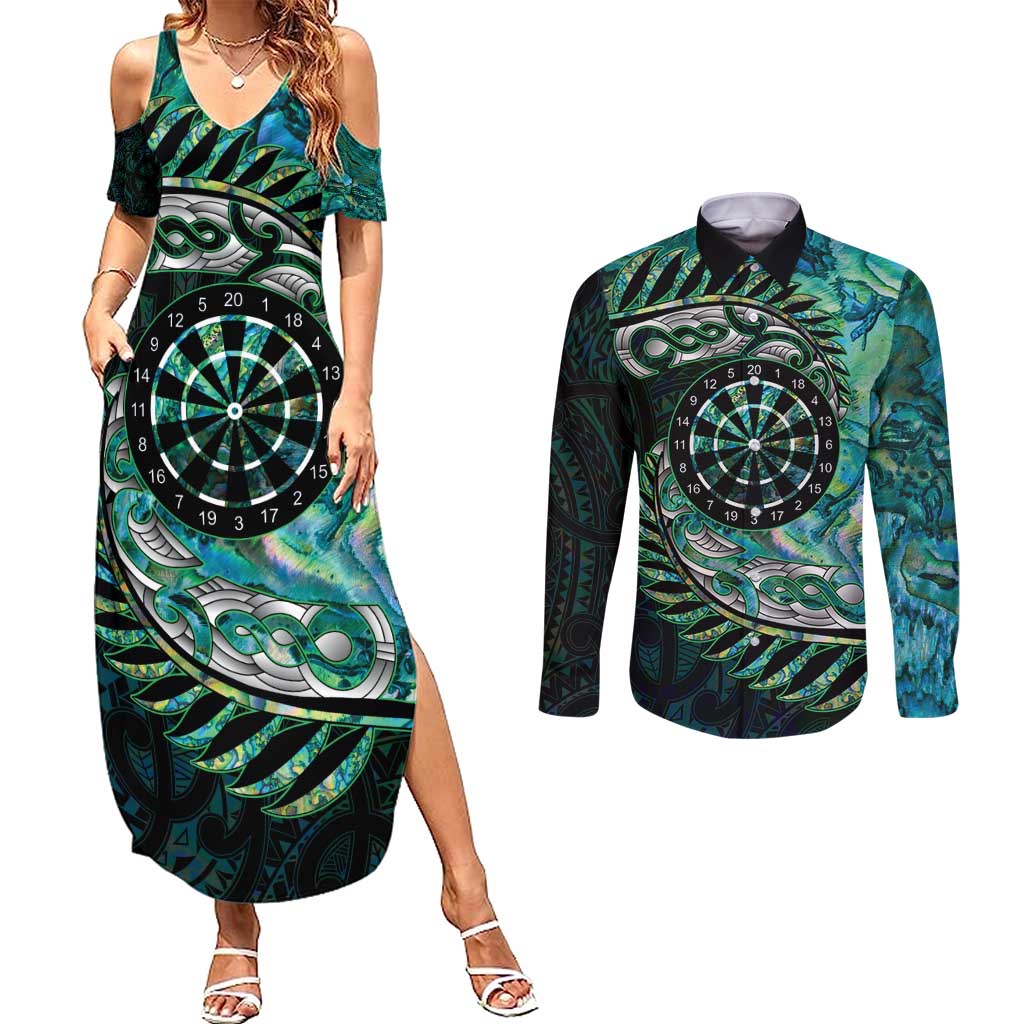 New Zealand Darts Personalised Couples Matching Summer Maxi Dress and Long Sleeve Button Shirt Aotearoa Silver Fern Green Papua Shell Spirit