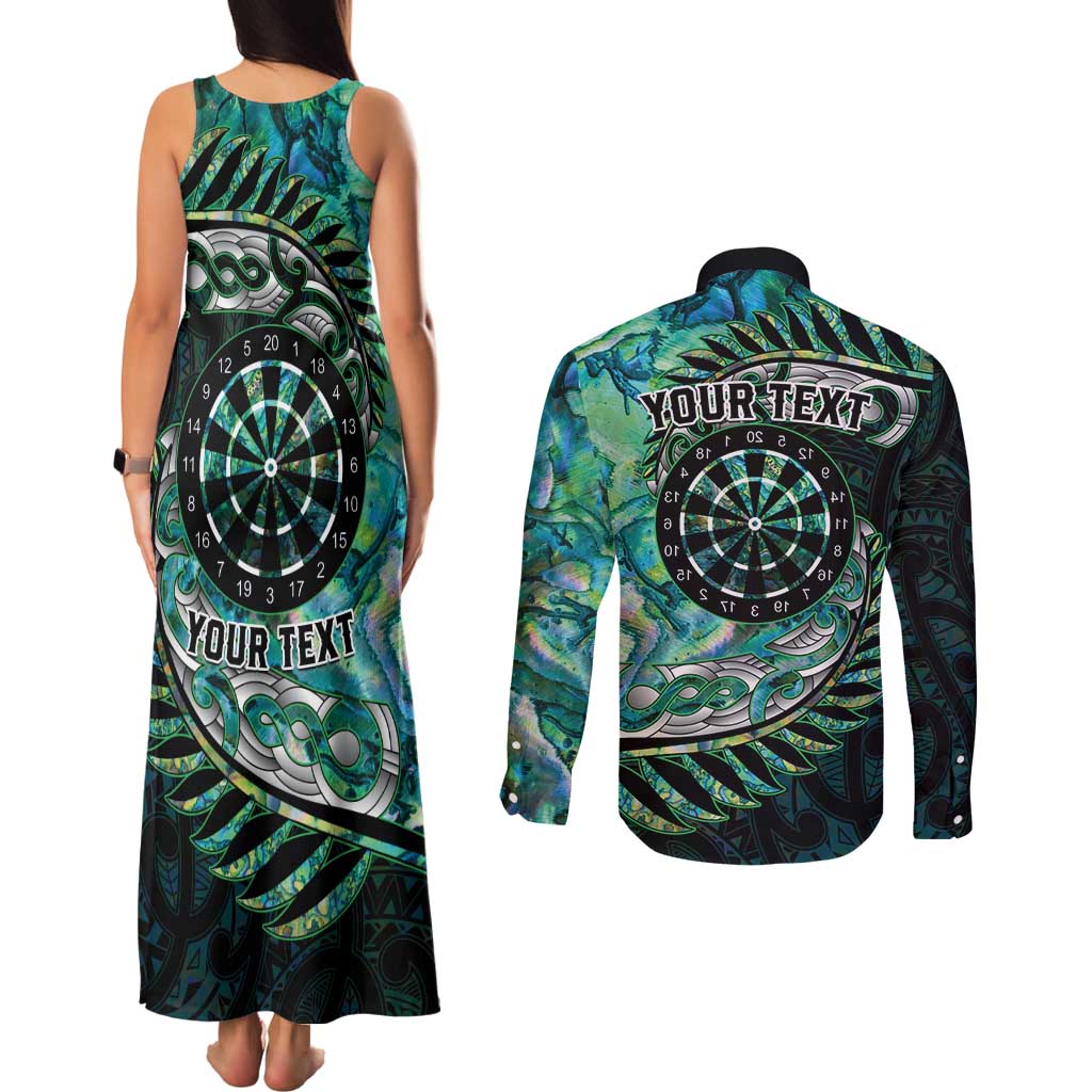 New Zealand Darts Personalised Couples Matching Tank Maxi Dress and Long Sleeve Button Shirt Aotearoa Silver Fern Green Papua Shell Spirit
