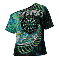 New Zealand Darts Personalised Cross Shoulder Shirt Aotearoa Silver Fern Green Papua Shell Spirit - Polynesian Pride