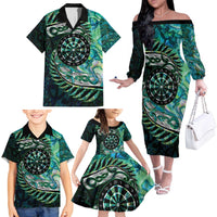 New Zealand Darts Personalised Family Matching Off The Shoulder Long Sleeve Dress and Hawaiian Shirt Aotearoa Silver Fern Green Papua Shell Spirit