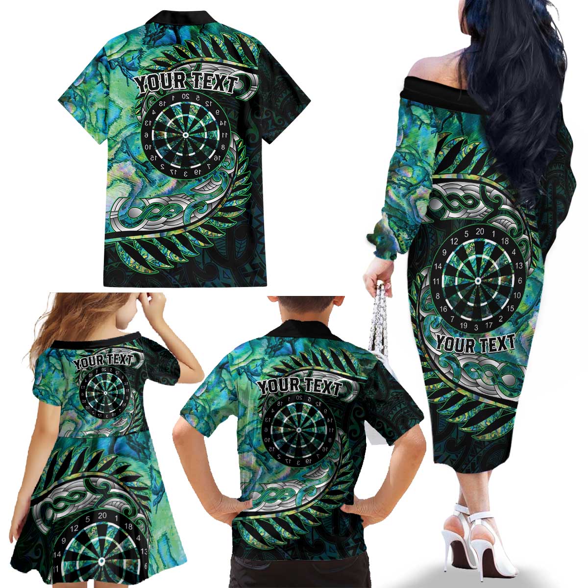 New Zealand Darts Personalised Family Matching Off The Shoulder Long Sleeve Dress and Hawaiian Shirt Aotearoa Silver Fern Green Papua Shell Spirit