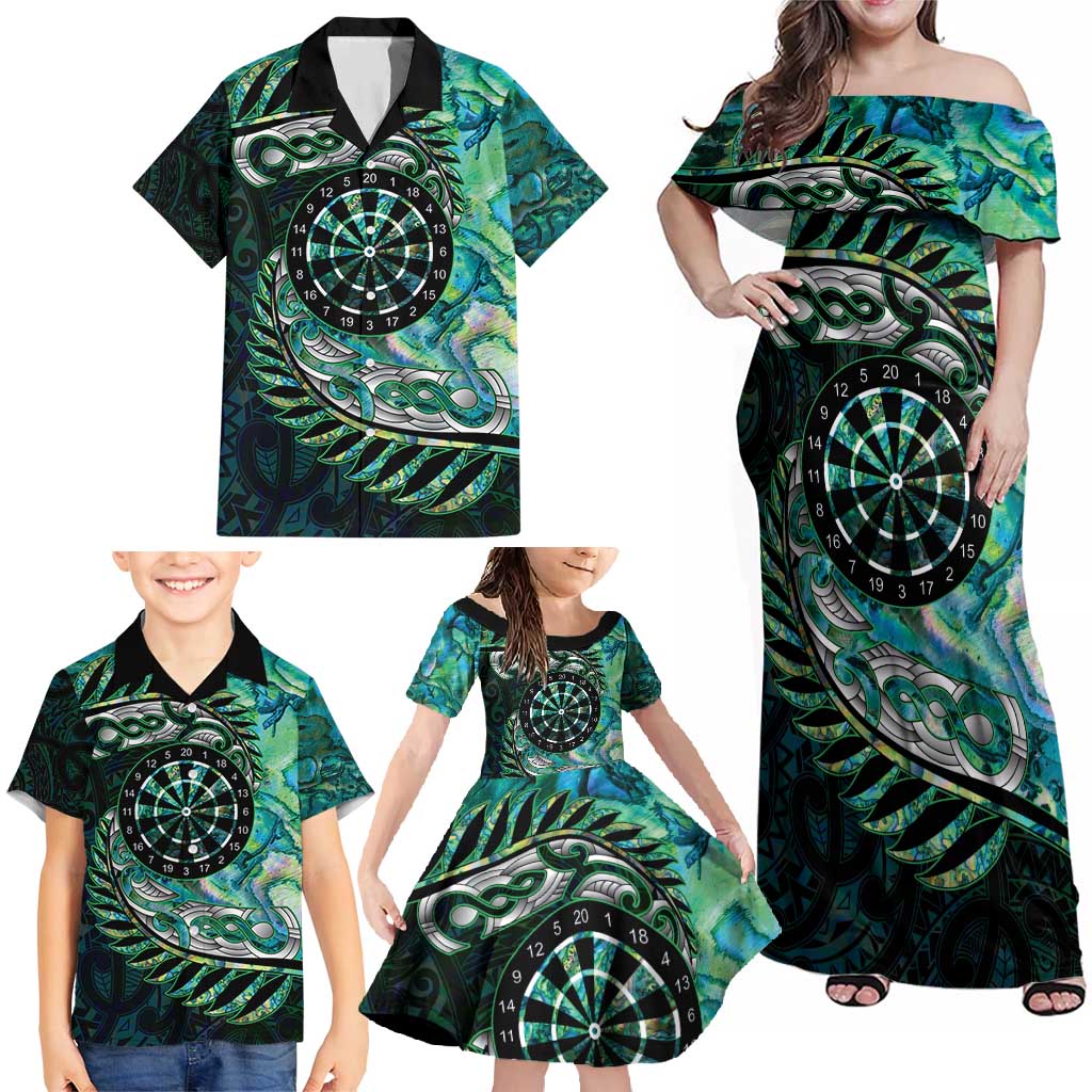 New Zealand Darts Personalised Family Matching Off Shoulder Maxi Dress and Hawaiian Shirt Aotearoa Silver Fern Green Papua Shell Spirit