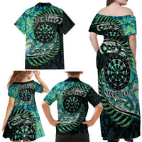 New Zealand Darts Personalised Family Matching Off Shoulder Maxi Dress and Hawaiian Shirt Aotearoa Silver Fern Green Papua Shell Spirit