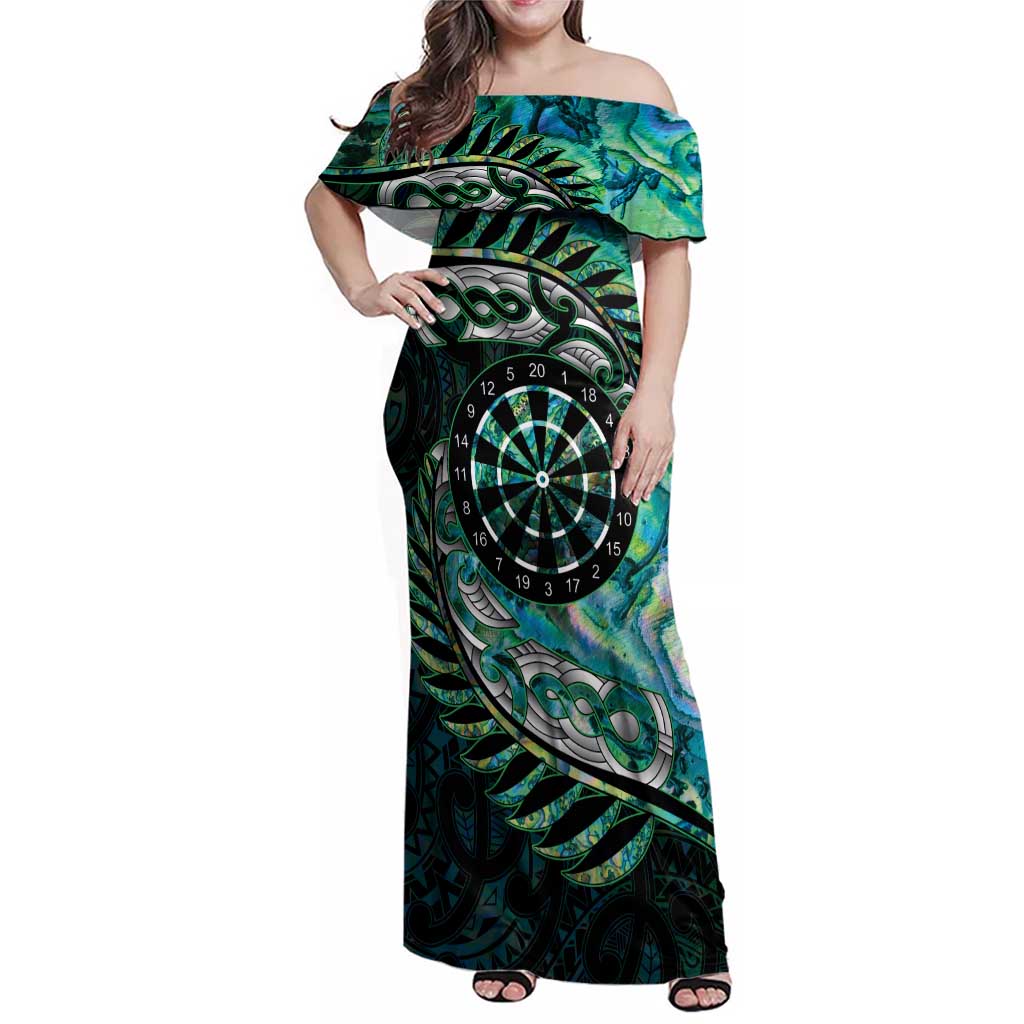 New Zealand Darts Personalised Family Matching Off Shoulder Maxi Dress and Hawaiian Shirt Aotearoa Silver Fern Green Papua Shell Spirit