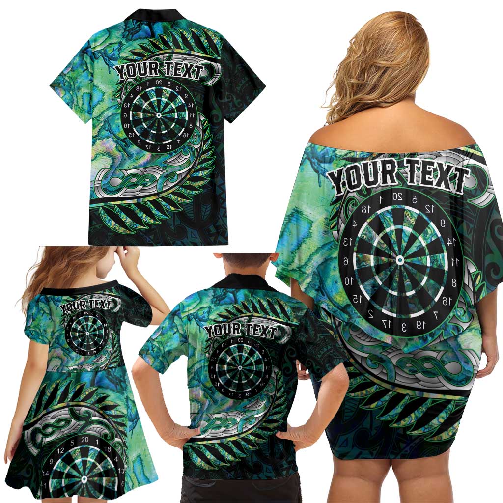 New Zealand Darts Personalised Family Matching Off Shoulder Short Dress and Hawaiian Shirt Aotearoa Silver Fern Green Papua Shell Spirit