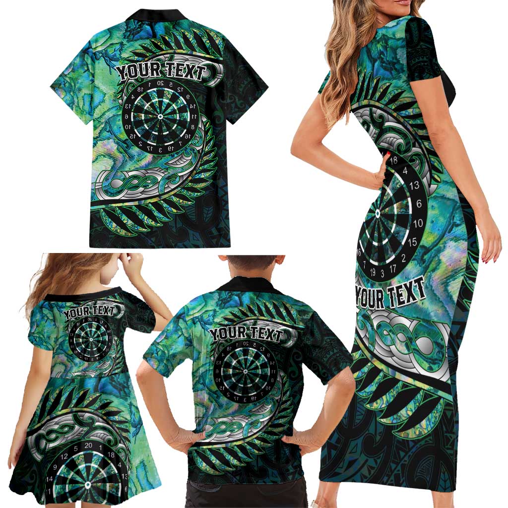 New Zealand Darts Personalised Family Matching Short Sleeve Bodycon Dress and Hawaiian Shirt Aotearoa Silver Fern Green Papua Shell Spirit
