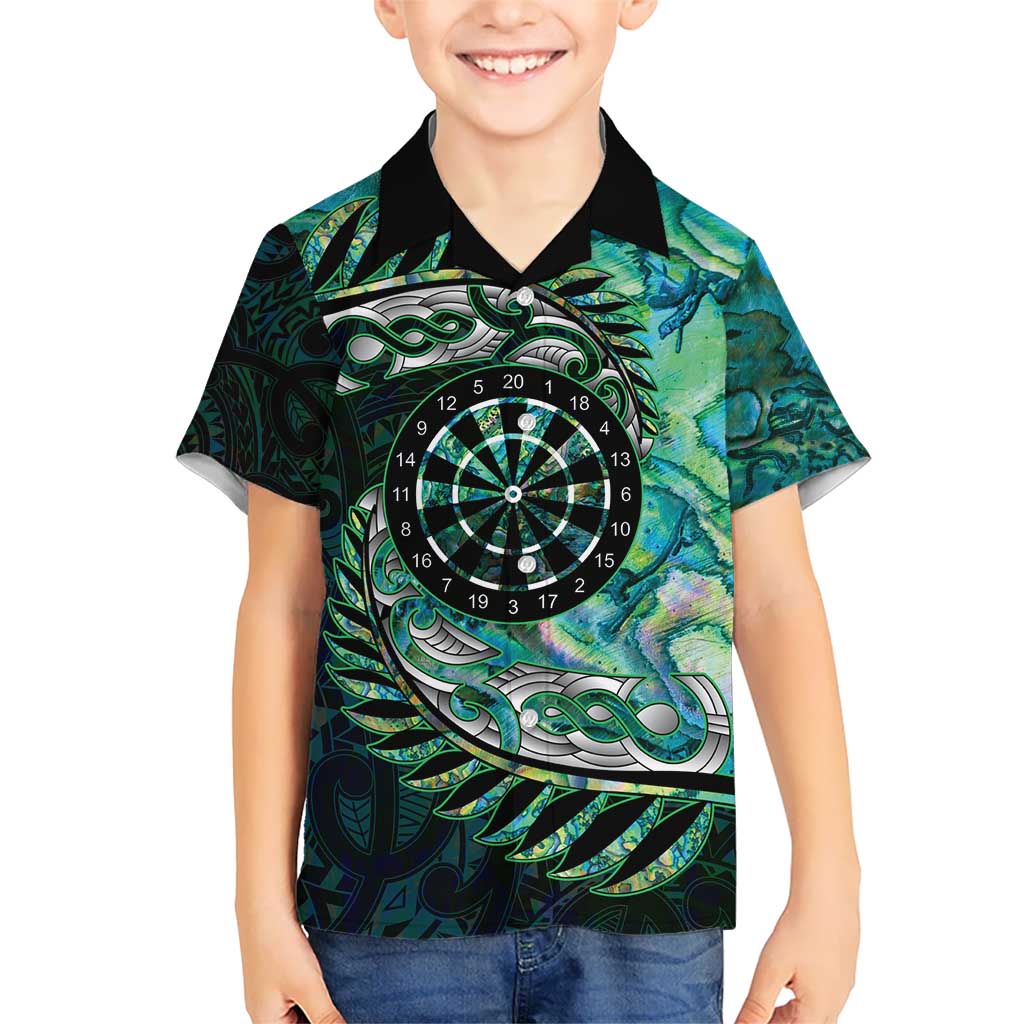 New Zealand Darts Personalised Kid Hawaiian Shirt Aotearoa Silver Fern Green Papua Shell Spirit