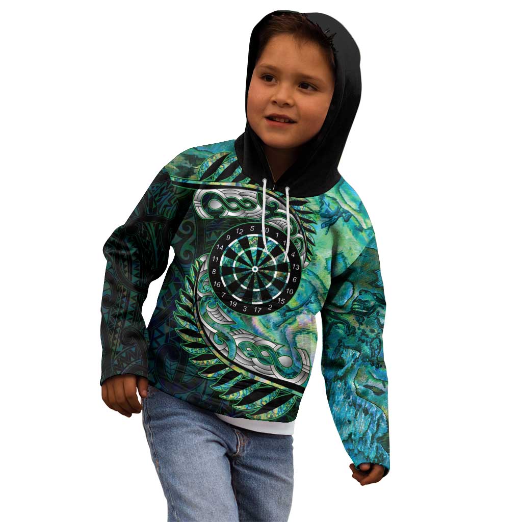 New Zealand Darts Personalised Kid Hoodie Aotearoa Silver Fern Green Papua Shell Spirit