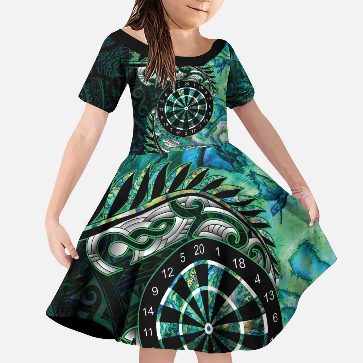 New Zealand Darts Personalised Kid Short Sleeve Dress Aotearoa Silver Fern Green Papua Shell Spirit
