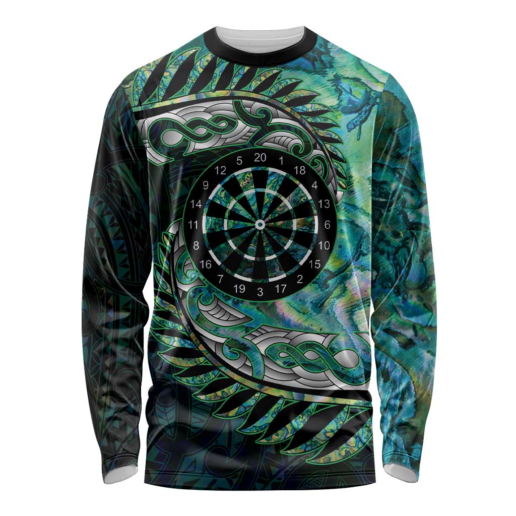 New Zealand Darts Personalised Long Sleeve Shirt Aotearoa Silver Fern Green Papua Shell Spirit