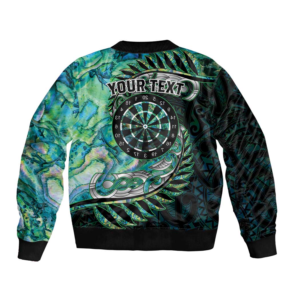 New Zealand Darts Personalised Sleeve Zip Bomber Jacket Aotearoa Silver Fern Green Papua Shell Spirit
