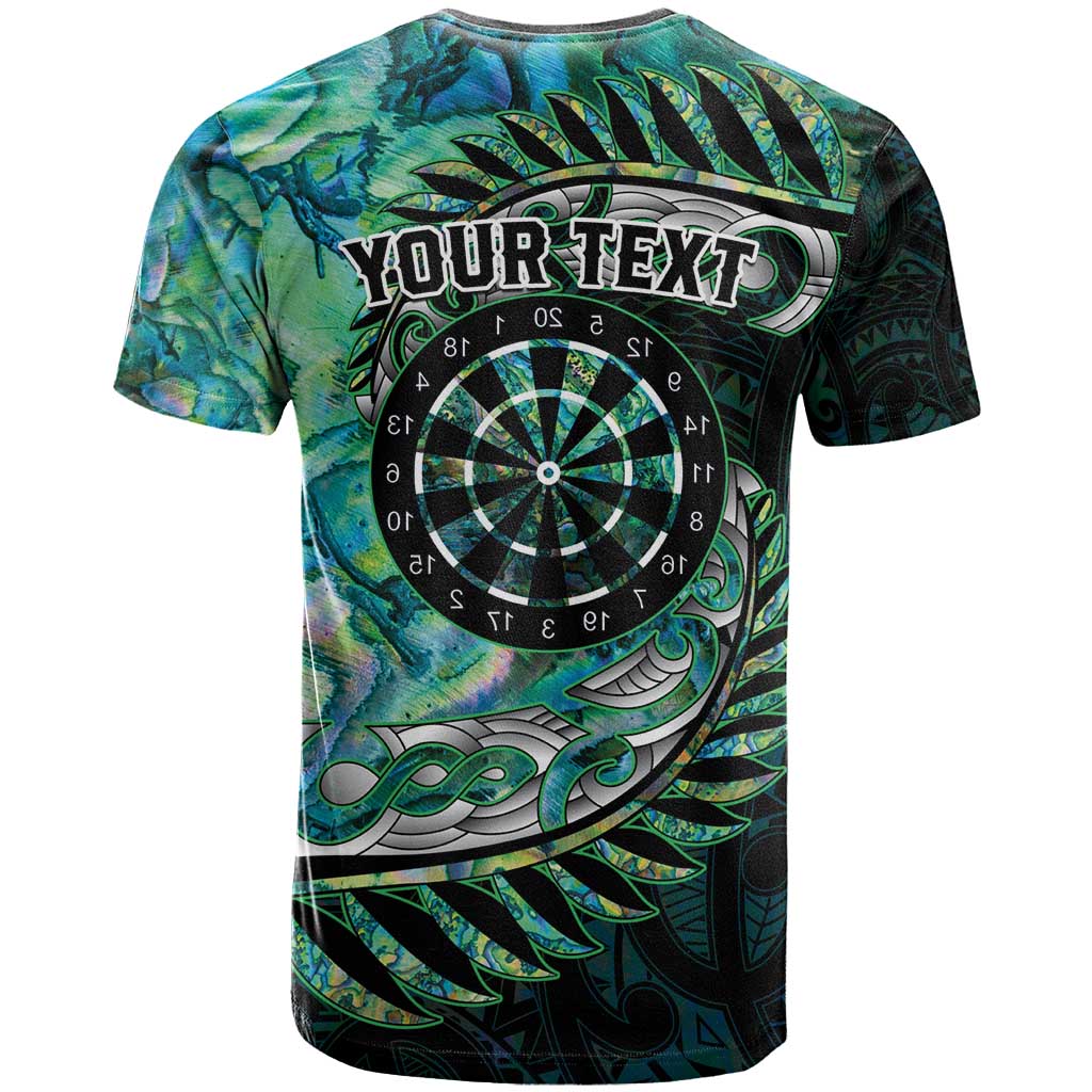 New Zealand Darts Personalised T Shirt Aotearoa Silver Fern Green Papua Shell Spirit