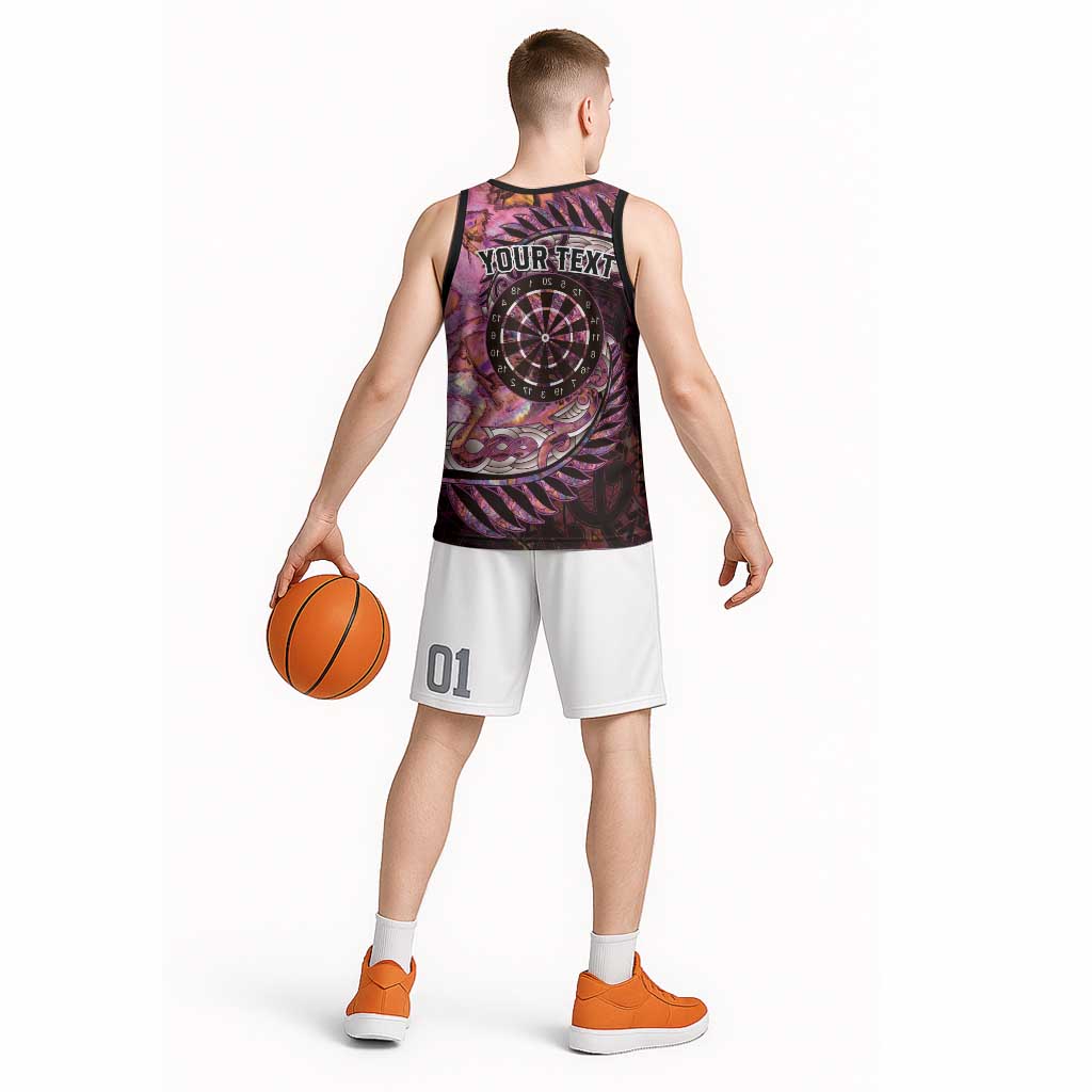 New Zealand Darts Personalised Basketball Jersey Aotearoa Silver Fern Pink Papua Shell Spirit - Polynesian Pride