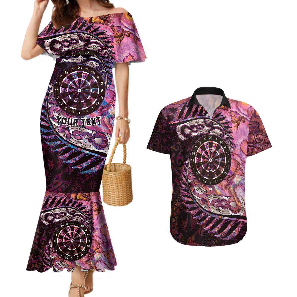 New Zealand Darts Personalised Couples Matching Mermaid Dress and Hawaiian Shirt Aotearoa Silver Fern Pink Papua Shell Spirit