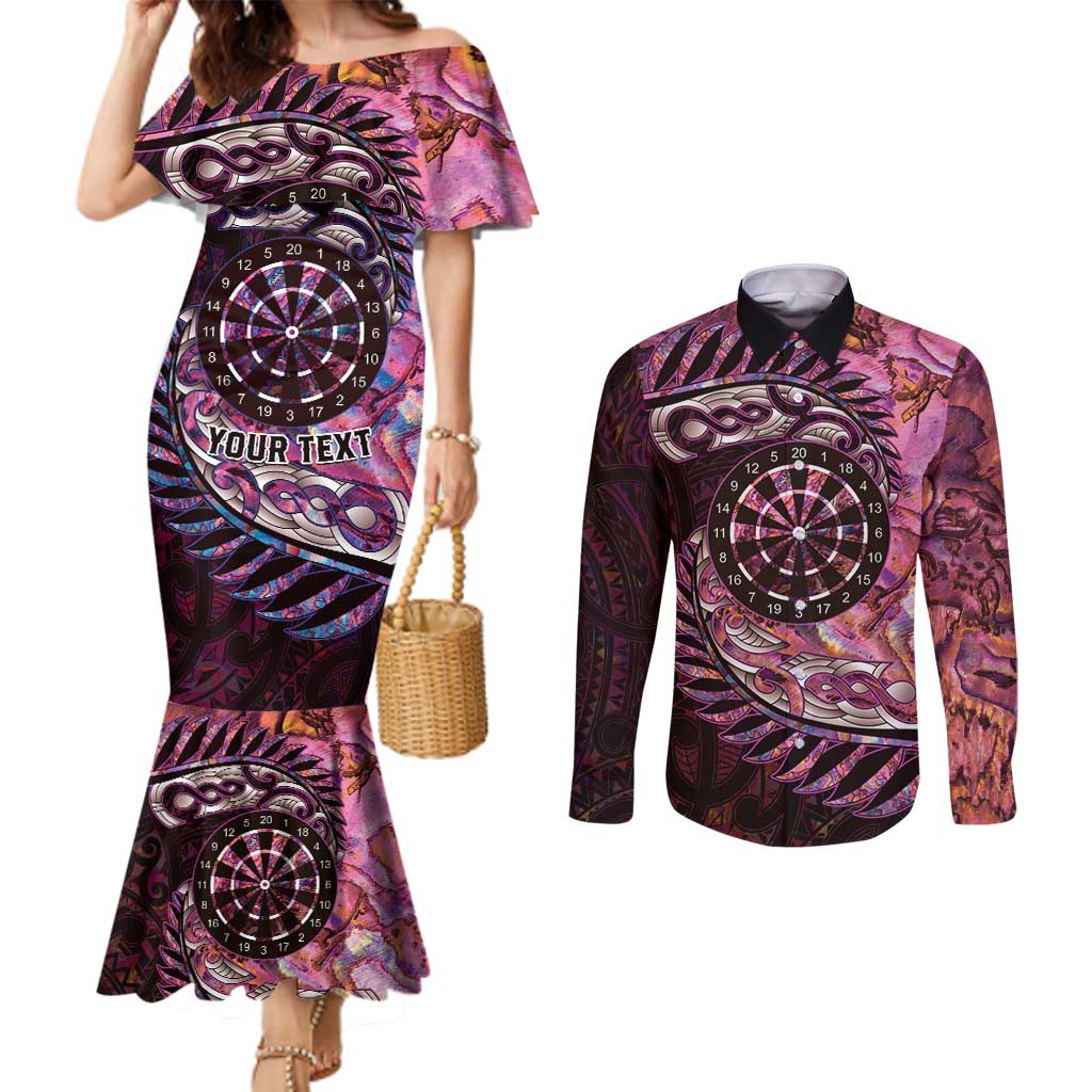 New Zealand Darts Personalised Couples Matching Mermaid Dress and Long Sleeve Button Shirt Aotearoa Silver Fern Pink Papua Shell Spirit