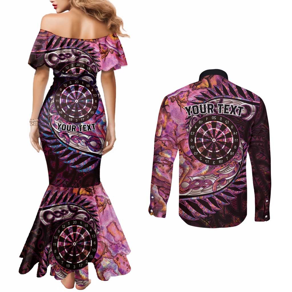 New Zealand Darts Personalised Couples Matching Mermaid Dress and Long Sleeve Button Shirt Aotearoa Silver Fern Pink Papua Shell Spirit