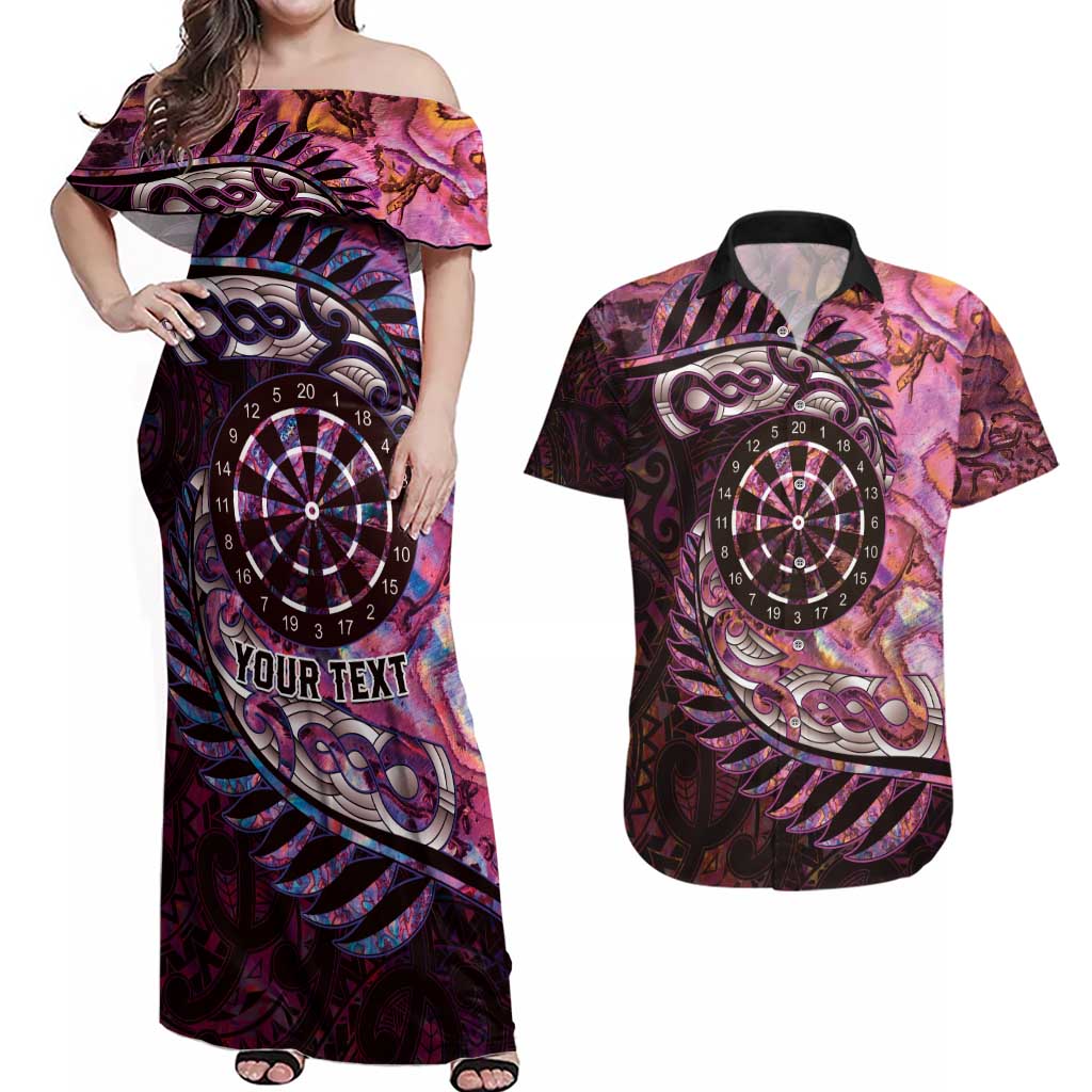 New Zealand Darts Personalised Couples Matching Off Shoulder Maxi Dress and Hawaiian Shirt Aotearoa Silver Fern Pink Papua Shell Spirit