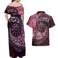 New Zealand Darts Personalised Couples Matching Off Shoulder Maxi Dress and Hawaiian Shirt Aotearoa Silver Fern Pink Papua Shell Spirit