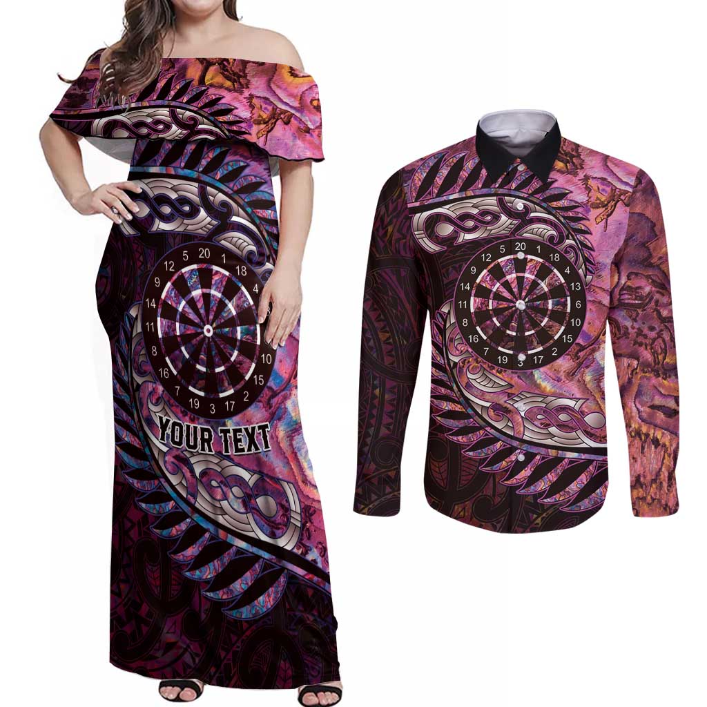 New Zealand Darts Personalised Couples Matching Off Shoulder Maxi Dress and Long Sleeve Button Shirt Aotearoa Silver Fern Pink Papua Shell Spirit