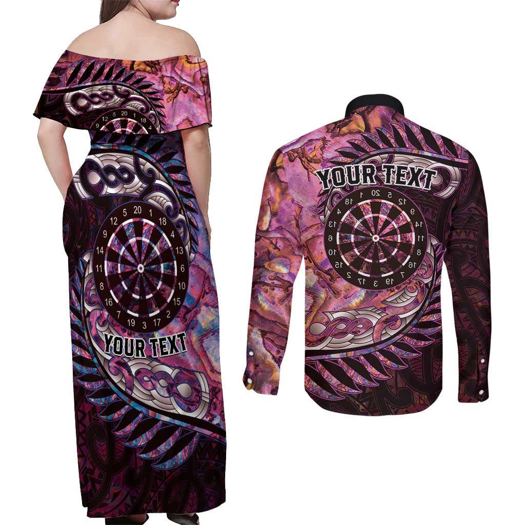 New Zealand Darts Personalised Couples Matching Off Shoulder Maxi Dress and Long Sleeve Button Shirt Aotearoa Silver Fern Pink Papua Shell Spirit