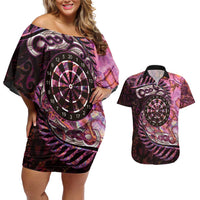 New Zealand Darts Personalised Couples Matching Off Shoulder Short Dress and Hawaiian Shirt Aotearoa Silver Fern Pink Papua Shell Spirit