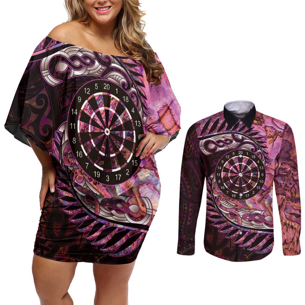 New Zealand Darts Personalised Couples Matching Off Shoulder Short Dress and Long Sleeve Button Shirt Aotearoa Silver Fern Pink Papua Shell Spirit