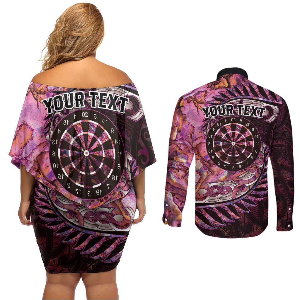 New Zealand Darts Personalised Couples Matching Off Shoulder Short Dress and Long Sleeve Button Shirt Aotearoa Silver Fern Pink Papua Shell Spirit