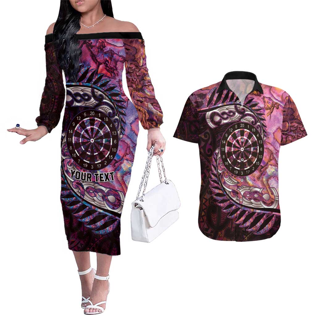 New Zealand Darts Personalised Couples Matching Off The Shoulder Long Sleeve Dress and Hawaiian Shirt Aotearoa Silver Fern Pink Papua Shell Spirit