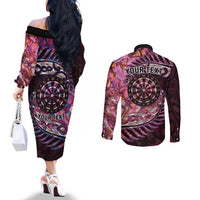 New Zealand Darts Personalised Couples Matching Off The Shoulder Long Sleeve Dress and Long Sleeve Button Shirt Aotearoa Silver Fern Pink Papua Shell Spirit