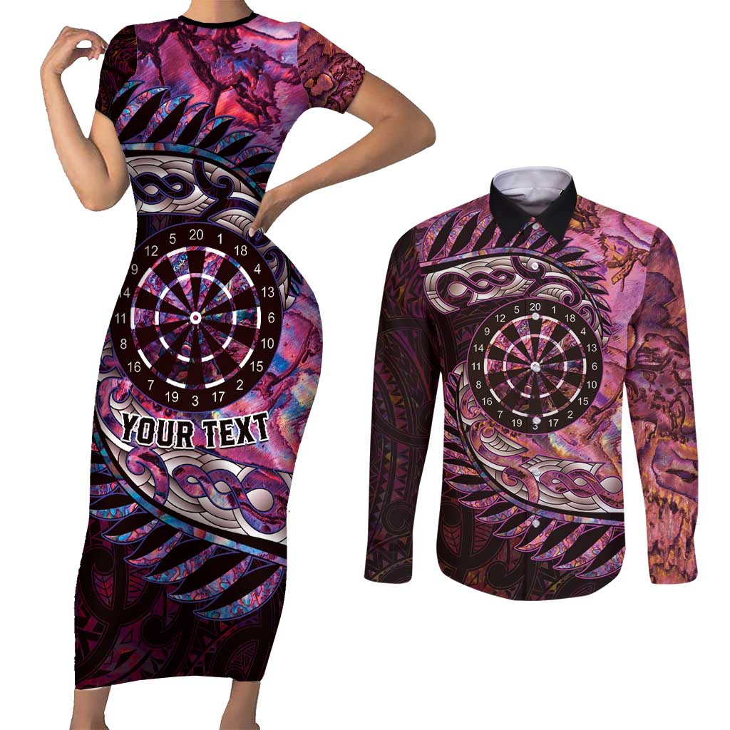 New Zealand Darts Personalised Couples Matching Short Sleeve Bodycon Dress and Long Sleeve Button Shirt Aotearoa Silver Fern Pink Papua Shell Spirit