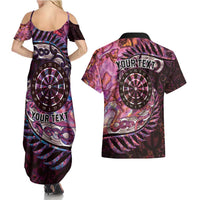 New Zealand Darts Personalised Couples Matching Summer Maxi Dress and Hawaiian Shirt Aotearoa Silver Fern Pink Papua Shell Spirit
