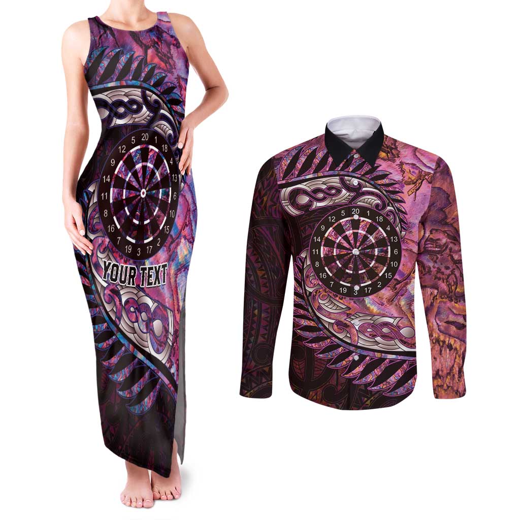 New Zealand Darts Personalised Couples Matching Tank Maxi Dress and Long Sleeve Button Shirt Aotearoa Silver Fern Pink Papua Shell Spirit